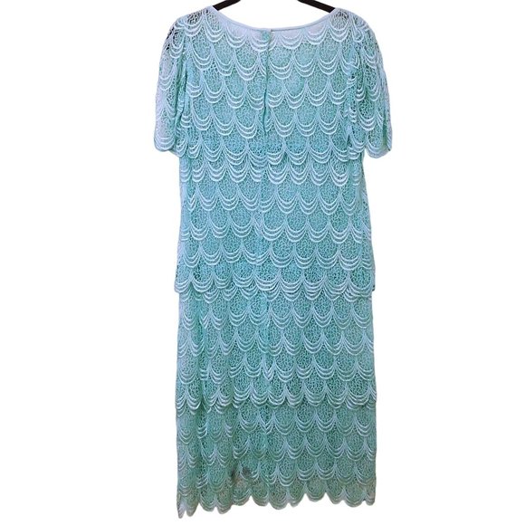 Vintage 70-80s Sheer Scalloped Lace Dress 6/8 Flutter Sleeve Snap-Back Turquoise - Picture 9 of 11